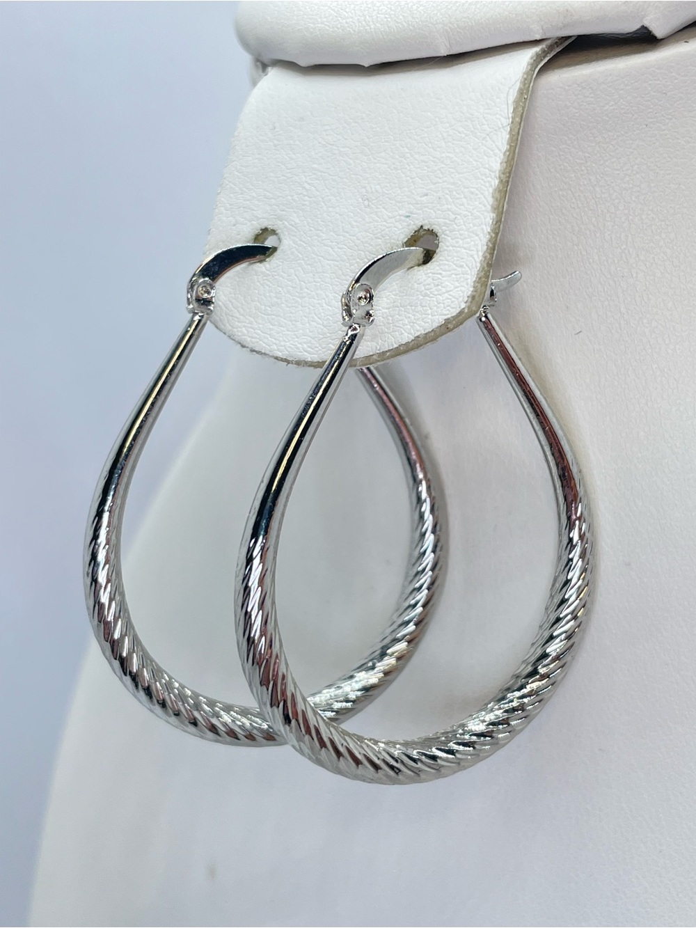 Silver Twisted Textured Oval Hoop Earrings Statement Classic
